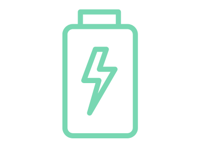 Illustration simple d'une batterie ou d'un accumulateur en ligne blanche sur un fond vert pomme. Un éclair symbolise la charge et l'énergie. Cette image représente l'autonomie de 70 jours et la longue durée de charge du produit.