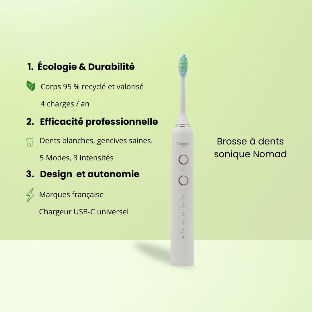 Brosse à dents électrique sonique Nomad pearly – design durable, 95 % recyclée, 5 modes de brossage, 3 intensités, autonomie longue durée, recharge USB-C, marque française écoresponsable.