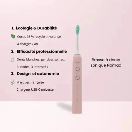 Brosse à dents électrique sonique Nomad Corail – design durable, 95 % recyclée, 5 modes de brossage, 3 intensités, autonomie longue durée, recharge USB-C, marque française écoresponsable.