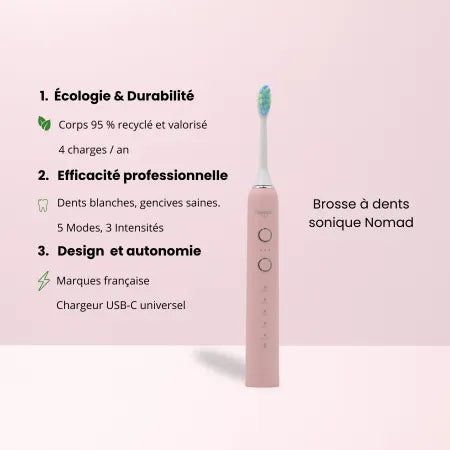 Brosse à dents électrique sonique Nomad Corail – design durable, 95 % recyclée, 5 modes de brossage, 3 intensités, autonomie longue durée, recharge USB-C, marque française écoresponsable.