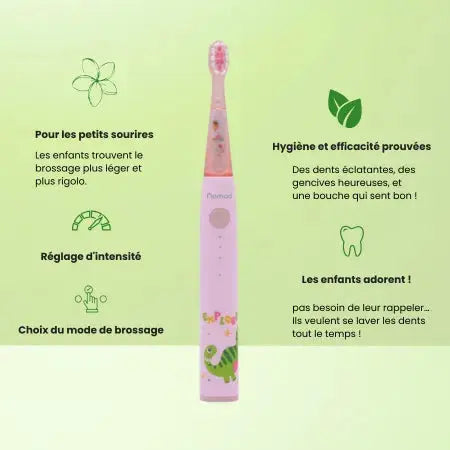 Brosse à dents électrique Nomad Kids rose avec motif dinosaure. Mise en avant des fonctionnalités : brossage léger, efficacité prouvée, réglage d'intensité et choix du mode. Idéal pour inciter les enfants à l'hygiène dentaire.