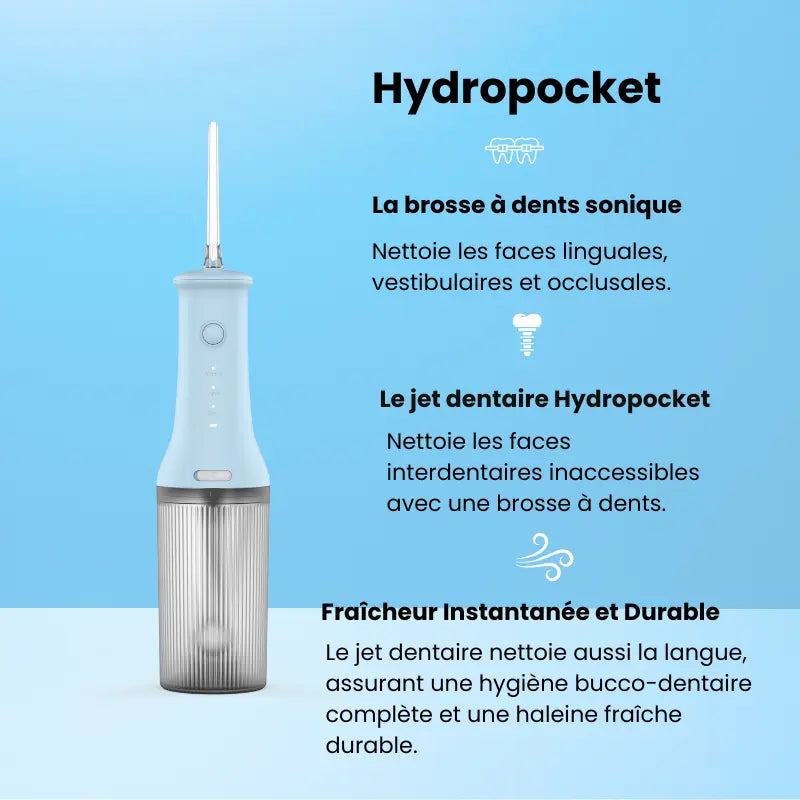Appareil dentaire Hydro-Pocket portable avec petit réservoir strié et embout de précision.