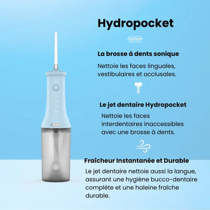 Appareil dentaire Hydro-Pocket portable avec petit réservoir strié et embout de précision.