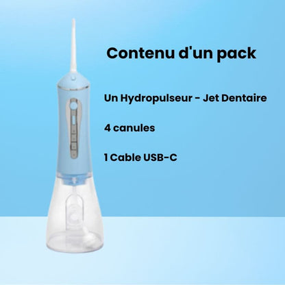 Jet dentaire en fonctionnement montrant le nettoyage en profondeur entre les dents.