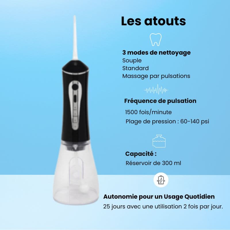 Jet dentaire en fonctionnement montrant le nettoyage en profondeur entre les dents.