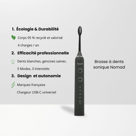 Brosse à dents électrique sonique Nomad Black – design durable, 95 % recyclée, 5 modes de brossage, 3 intensités, autonomie longue durée, recharge USB-C, marque française écoresponsable.