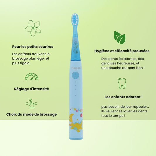 Brosse à dents électrique Nomad Kids bleue avec motif dinosaure. Mise en avant des fonctionnalités : brossage léger, efficacité prouvée, réglage d'intensité et choix du mode. Idéal pour inciter les enfants à l'hygiène dentaire.