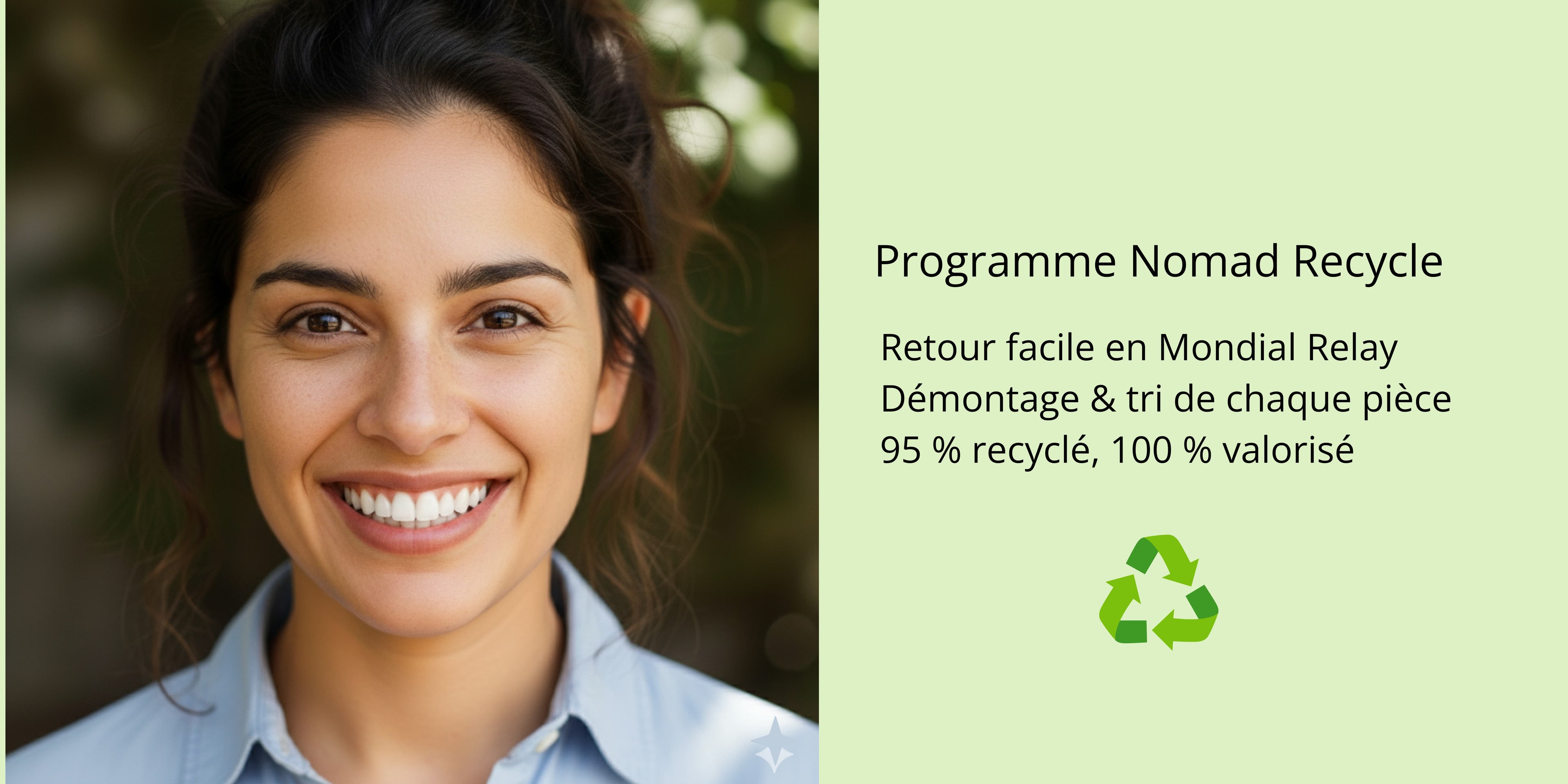 Gros plan sur le visage souriant d'une femme. À droite, le texte présente le Programme Nomad Recycle : Retour facile en Mondial Relay, démontage et tri de chaque pièce pour un résultat 95 % recyclé, 100 % valorisé. Un logo de recyclage vert est affiché. 