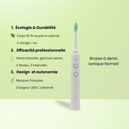 Brosse à dents électrique sonique Nomad pearly – design durable, 95 % recyclée, 5 modes de brossage, 3 intensités, autonomie longue durée, recharge USB-C, marque française écoresponsable.