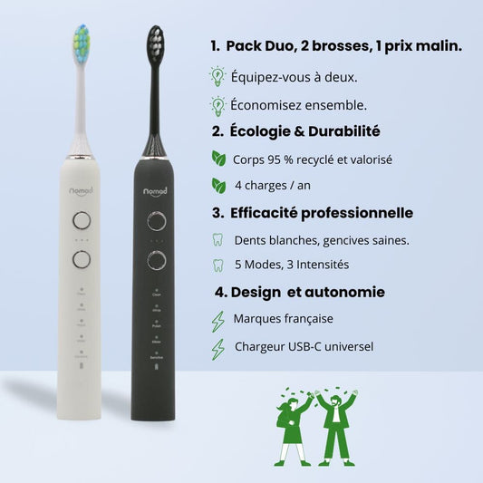 Pack Duo Nomad pearly et black – brosses à dents soniques écologiques, recharge USB-C, 5 modes, marque française.