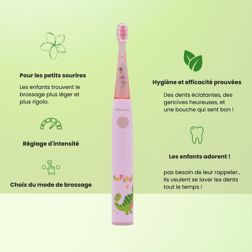 Brosse à dents électrique Nomad Kids rose avec motif dinosaure. Mise en avant des fonctionnalités : brossage léger, efficacité prouvée, réglage d'intensité et choix du mode. Idéal pour inciter les enfants à l'hygiène dentaire.