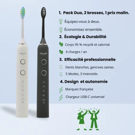 Pack Duo Nomad pearly et black – brosses à dents soniques écologiques, recharge USB-C, 5 modes, marque française.