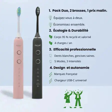 Pack Duo Nomad corail et Black – brosses à dents soniques écologiques, recharge USB-C, 5 modes, marque française.