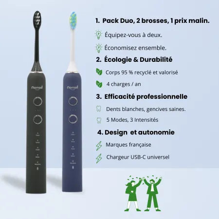 Pack Duo Nomad Black et Saphir – brosses à dents soniques écologiques, recharge USB-C, 5 modes, marque française.