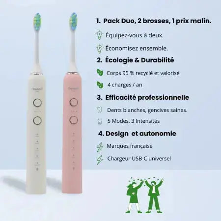 Pack Duo Nomad corail et Pearly – brosses à dents soniques écologiques, recharge USB-C, 5 modes, marque française.