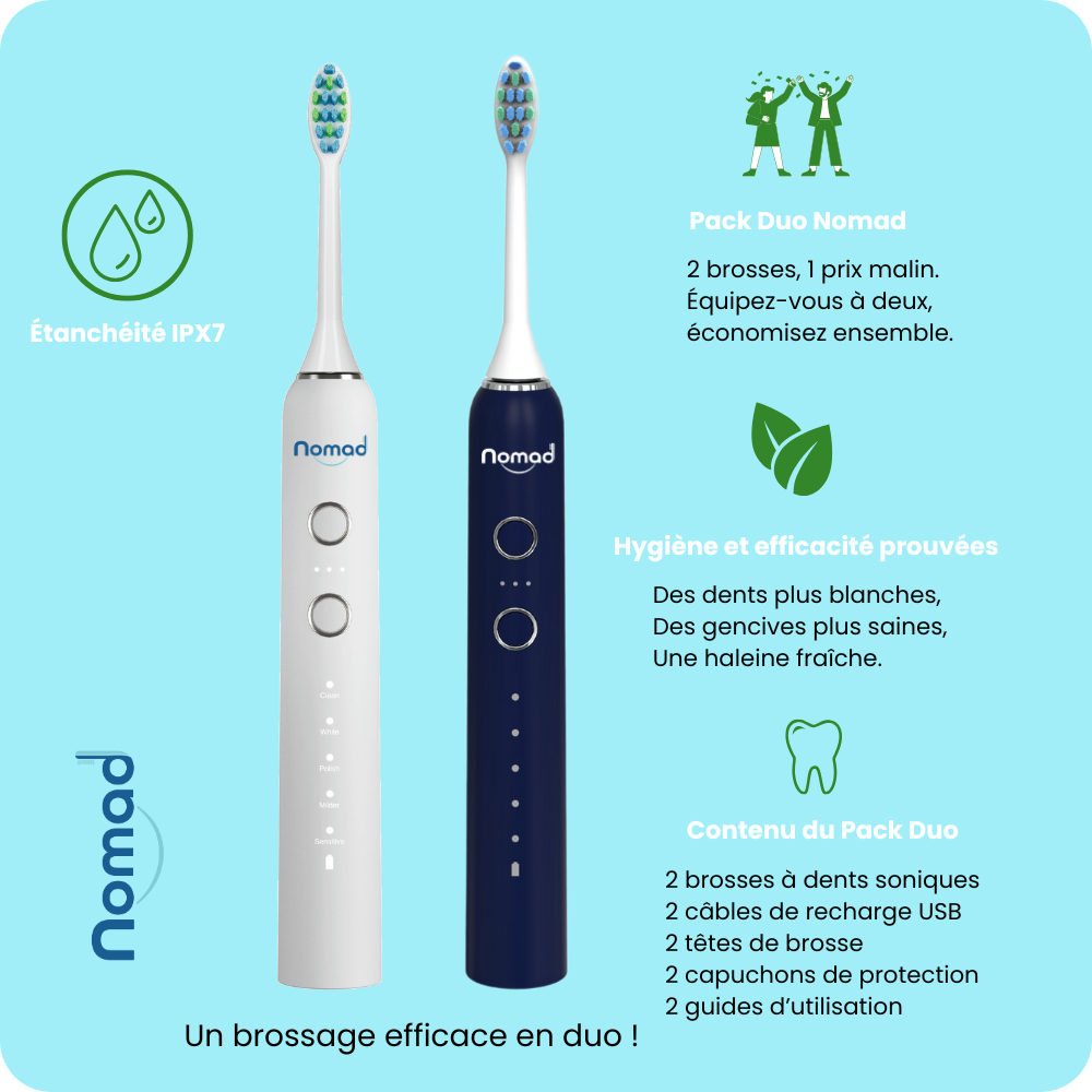 Pack duo brosses à dents soniques Nomad Pearly blanc et Saphir bleu – design élégant et nettoyage haute performance
