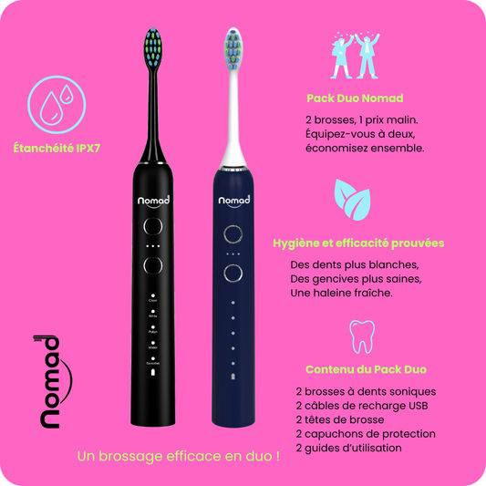 Pack duo de brosses à dents soniques Black-Saphir de Nomad, deux brosses à dents électriques noires élégantes pour un brossage doux et efficace, idéal pour deux personnes