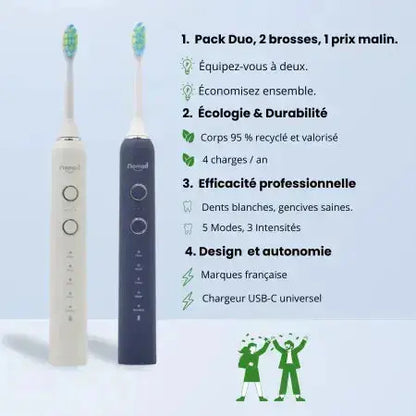 Pack Duo Nomad Pearly et Saphir – brosses à dents soniques écologiques, recharge USB-C, 5 modes, marque française.