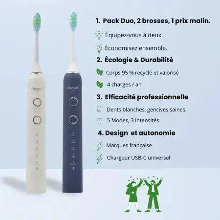 Pack Duo Nomad Pearly et Saphir – brosses à dents soniques écologiques, recharge USB-C, 5 modes, marque française.