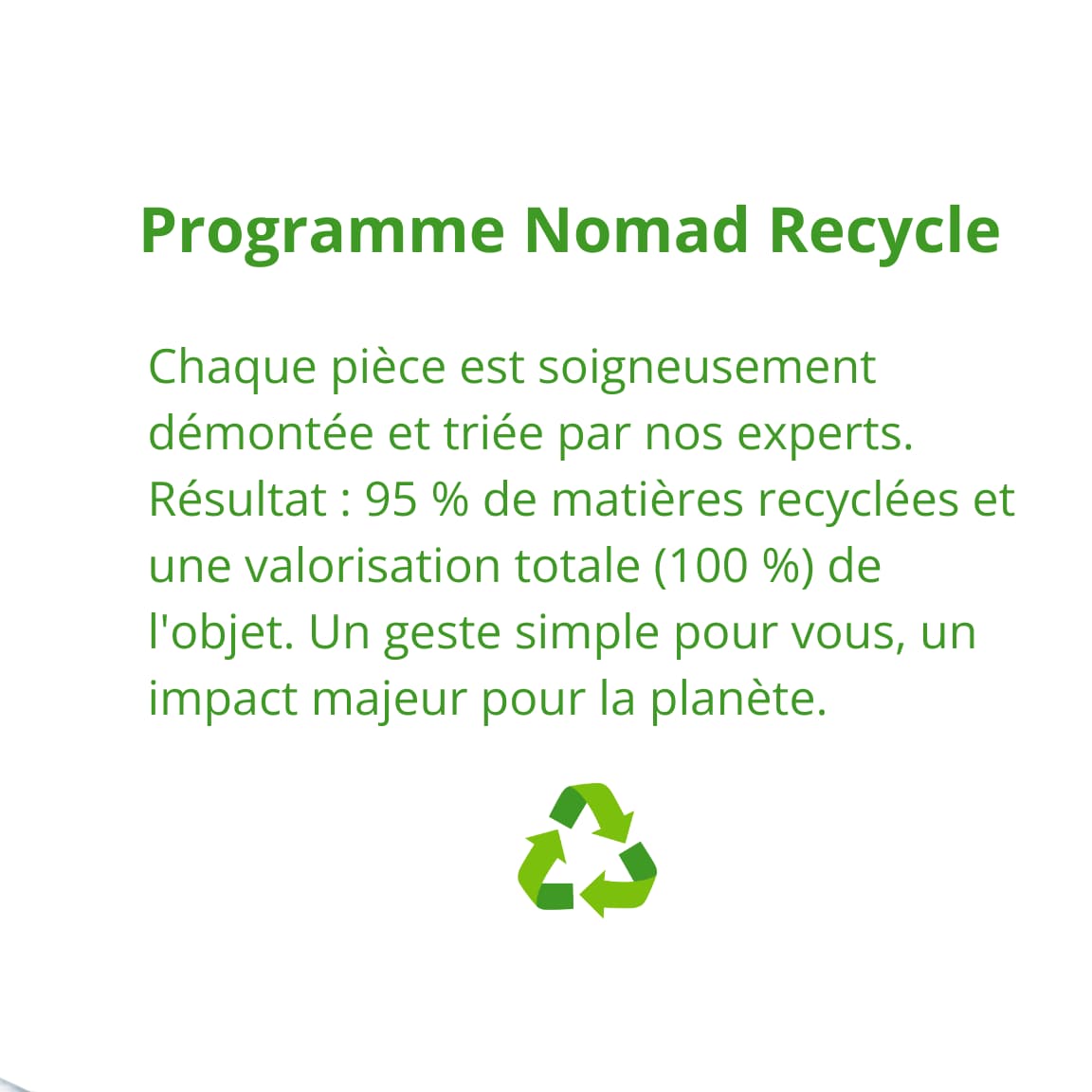 Gros plan sur le visage souriant d'une femme. À droite, le texte présente le Programme Nomad Recycle : Retour facile en Mondial Relay, démontage et tri de chaque pièce pour un résultat 95 % recyclé, 100 % valorisé. Un logo de recyclage vert est affiché. 