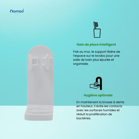 Support mural brosse à dents Nomad, couleur blanc. Présente deux avantages clés : gain de place salle de bain et hygiène optimale. Idéal pour une salle de bain épurée et pour réduire la prolifération de bactéries.