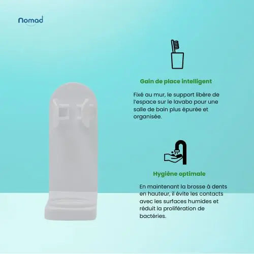 Support mural brosse à dents Nomad, couleur blanc. Présente deux avantages clés : gain de place salle de bain et hygiène optimale. Idéal pour une salle de bain épurée et pour réduire la prolifération de bactéries.