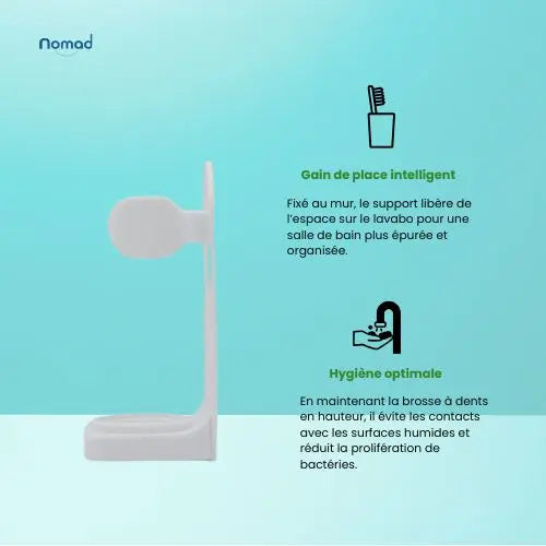 gain de place salle de bain (fixation murale) et hygiène optimale en maintenant la brosse à lents en hauteur pour réduire les bactéries.