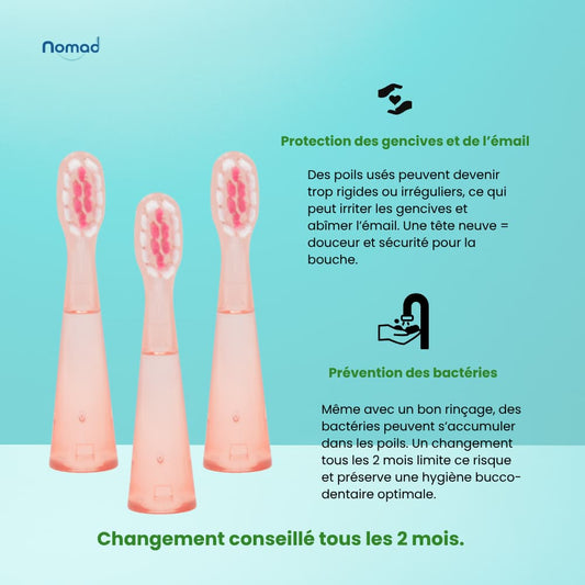 Tête de brosse à dents sonique pour enfant, couleur rose, 3 pièces