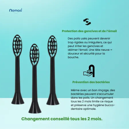 Tête de brosse à dents sonique pour adulte, couleur noire, 3 pièces