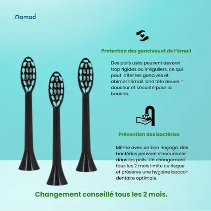 Tête de brosse à dents sonique pour adulte, couleur noire, 3 pièces
