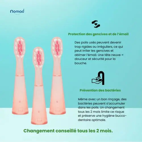 Tête de brosse à dents sonique pour enfant, couleur rose, 3 pièces